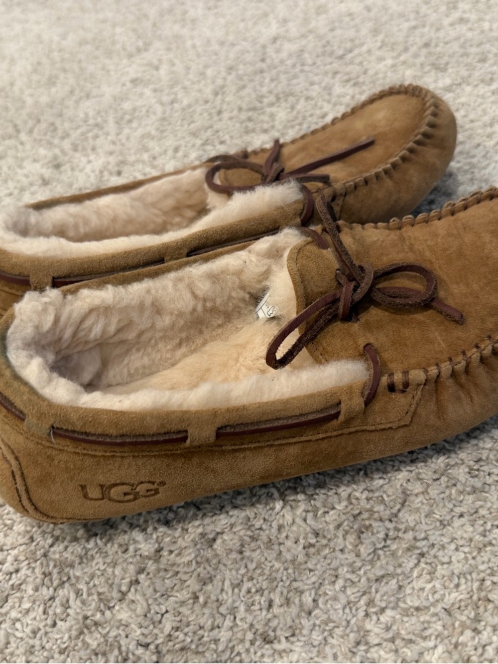 UGG Tan Suede Moccasin Slippers with Shearling - Picture 4 of 6